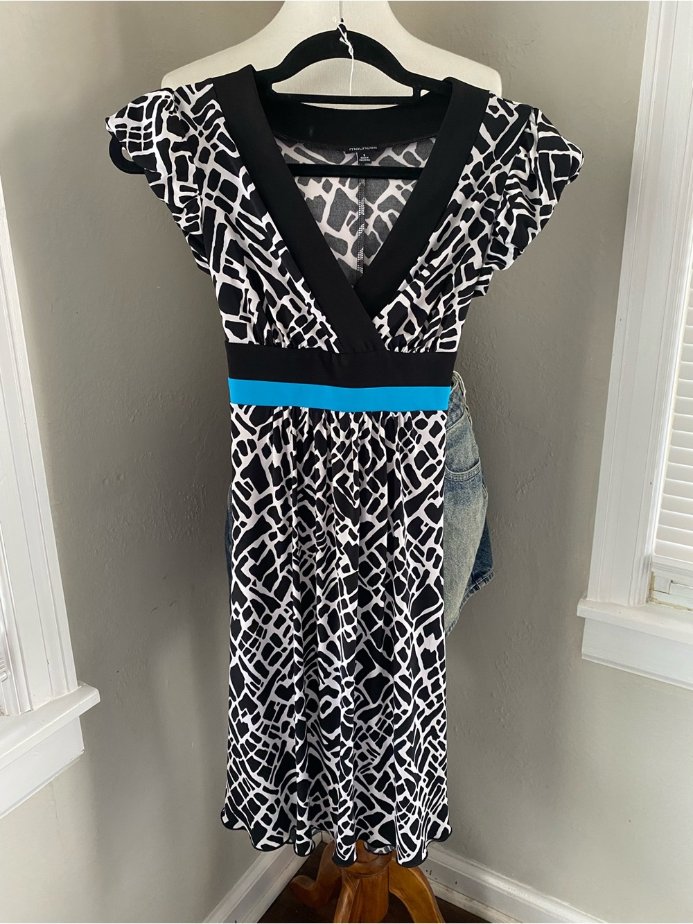 Y2K Black White Abstract Mosaic Indie Sleeze Empire Waist Dress Skater Girl Sz S